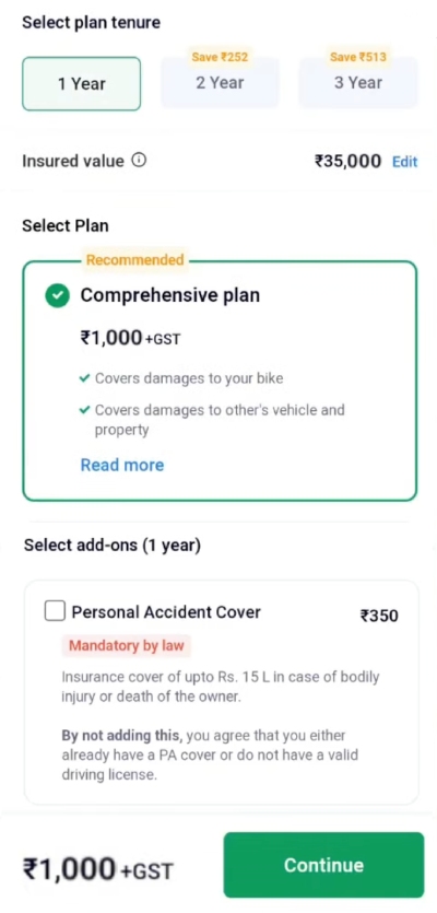 Acko Bike Insurance Online Kadah Step 4