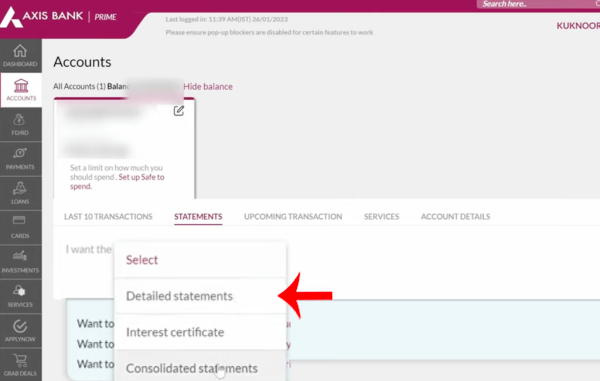 Axis Internet Banking Bank Statement Download Step 4