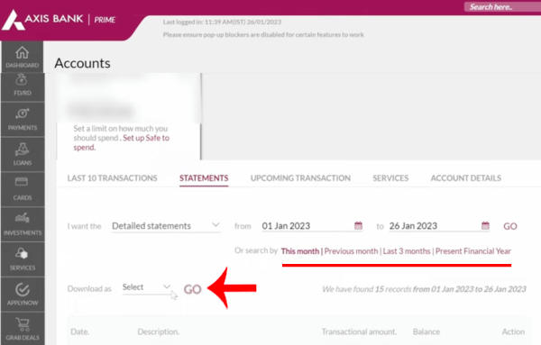 Axis Internet Banking Bank Statement Download Step 5