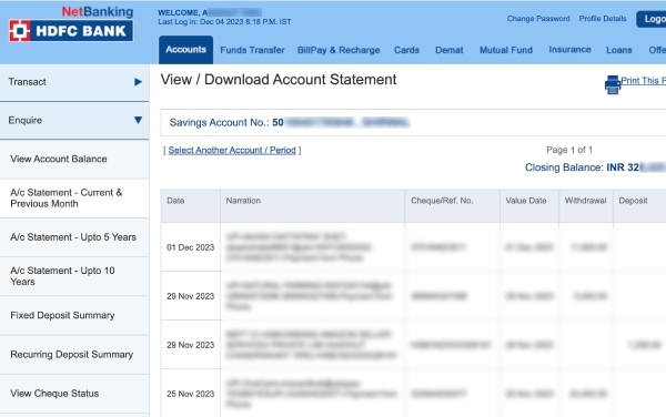 HDFC Internet Banking Bank Statement Download Step 4